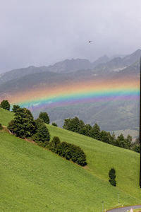 Scenic view of field against rainbow in sky