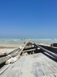 Scenic view of beach against clear blue sky