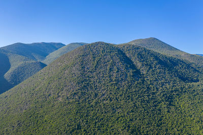 Scenic view of mountains against clear blue sky