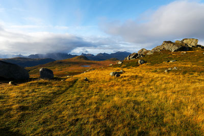 Scenic view of landscape against sky on lofoten islands in norway