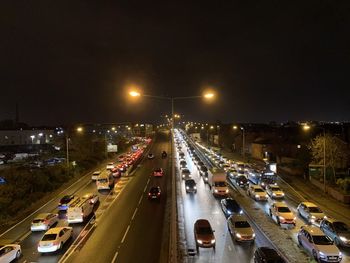 High angle view of traffic on road at night