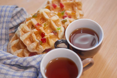 Close-up of breakfast served on table