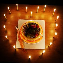 High angle view of cake served on table