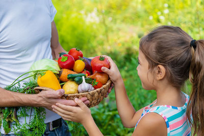 Midsection of father giving vegetables