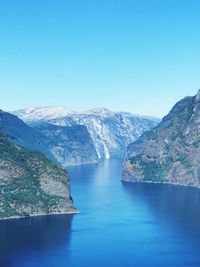 Scenic view of sea and mountains against clear blue sky