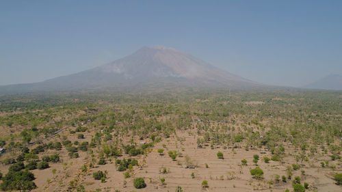 Volcano mount agung bali, indonesia. tropical landscape savanna with low trees at foot volcano. 