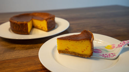 Close-up of cake served on table