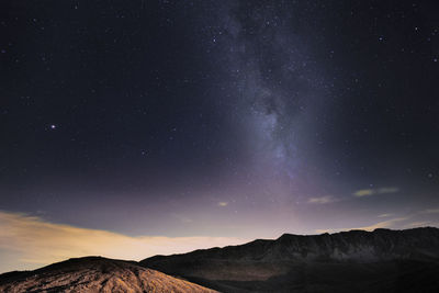 Scenic view of mountains against sky at night