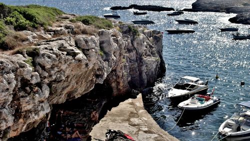 High angle view of rock formation in sea