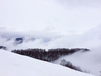 Scenic view of snowcapped mountains against cloudy sky