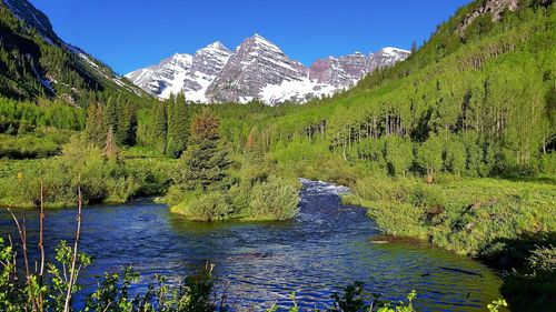 Scenic view of lake and mountains against clear blue sky