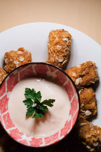 High angle view of dessert in plate on table