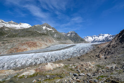 Scenic view of snowcapped mountains against blue sky