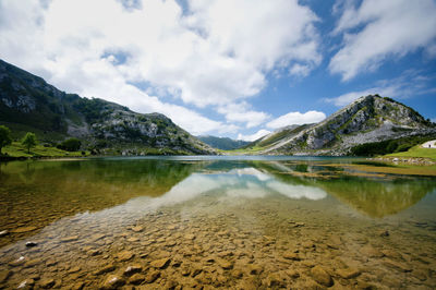 Scenic view of lake and mountains against sky