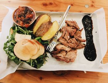 High angle view of food served on table