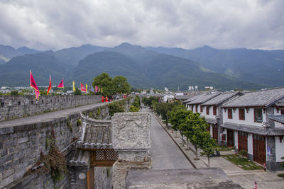 View of a building with mountain range in background