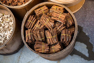 Stack of of cinnamon sticks in view