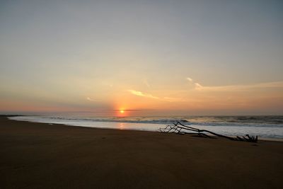 Silhouette beach against sky during sunset