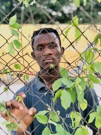 Portrait of a guy behind a fence with leaves 