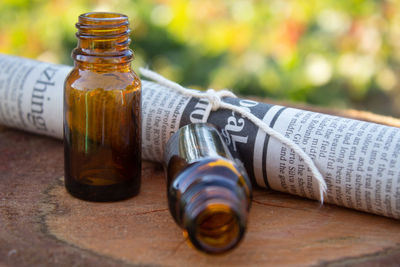 Close-up of bottles on table