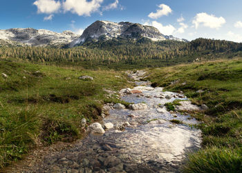 Stream flowing through rocks against sky