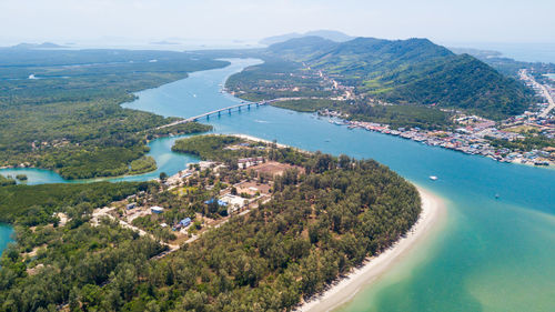 An aerial view of lanta noi island and lanta isaland with the siri lanta bridge, 