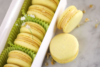 High angle view macarons lemon