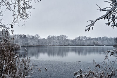 Scenic view of lake against sky during winter