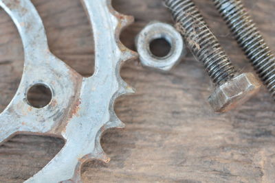 Close-up of rusty metal on table