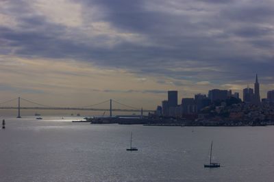 View of suspension bridge in city against cloudy sky