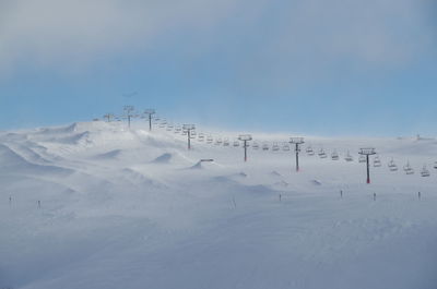 Scenic view of snow covered land against sky