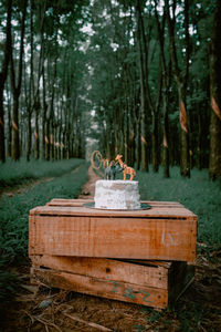 Wooden structure on field by trees in forest