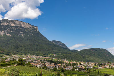 Townscape by mountains against sky