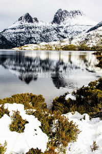 Scenic view of snowcapped mountains and lake against sky