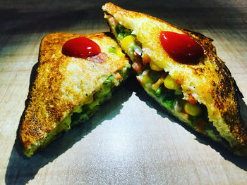 High angle view of breakfast served on table