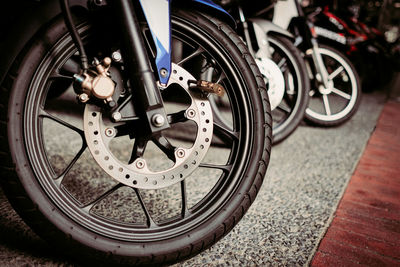 Close-up of motorcycle wheel