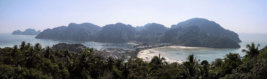 Scenic view of sea and mountains against clear sky