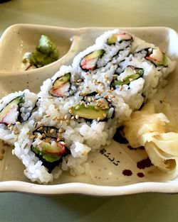 High angle view of sushi in plate