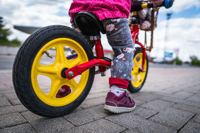 Low section of boy with bicycle on street