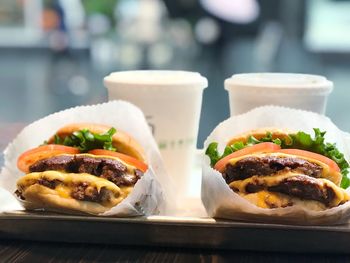 Close-up of food served on table