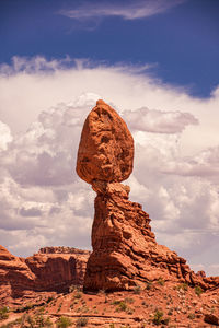 Low angle view of rock formation against cloudy sky