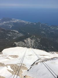 High angle view of snow covered landscape against sky