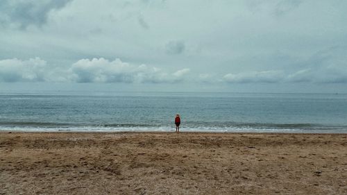 Rear view of man standing on beach against sky