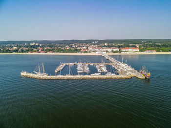 High angle view of sea against sky, aerial view on the pier in sopot, poland,