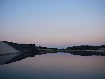 Scenic view of lake against clear sky during sunset