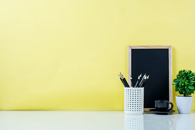 Potted plant on table against wall at home