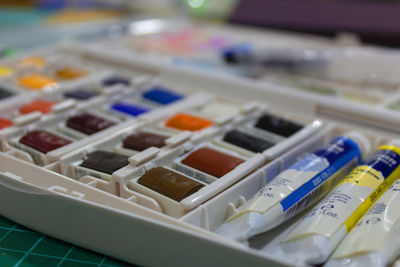 High angle view of watercolor paints