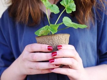 Midsection of woman holding potted plant