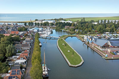 High angle view of boats in river