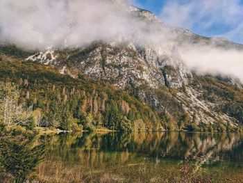 Scenic view of lake by mountains against sky